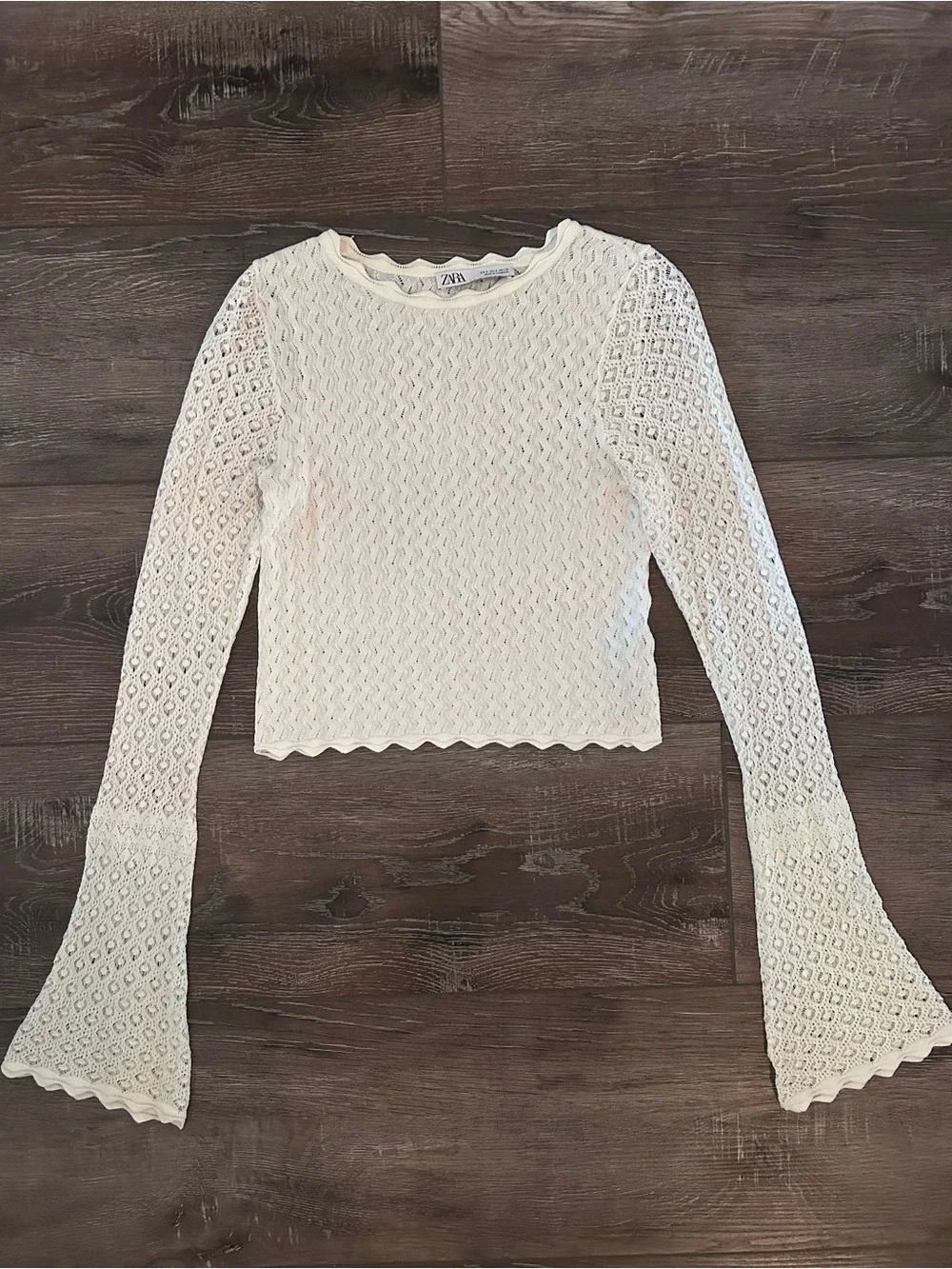 ZARA Ivory Open Knit Long-Sleeve Top Small